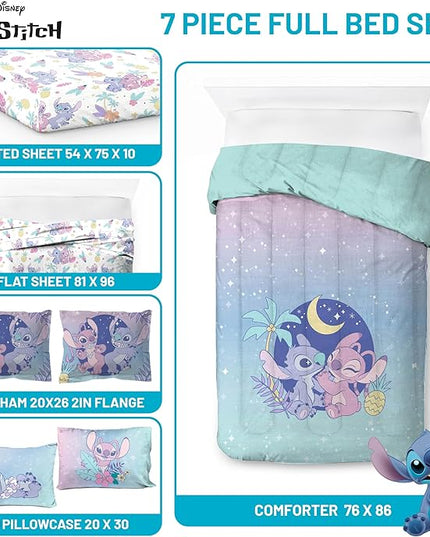 Disney Lilo and Stitch Full Size Comforter Set - 7 Piece Floral Bedding includes Sheet Set & Pillow Covers Features Angel - Super Soft Purple & Teal Stars Kids Bedding - LeafyLoom