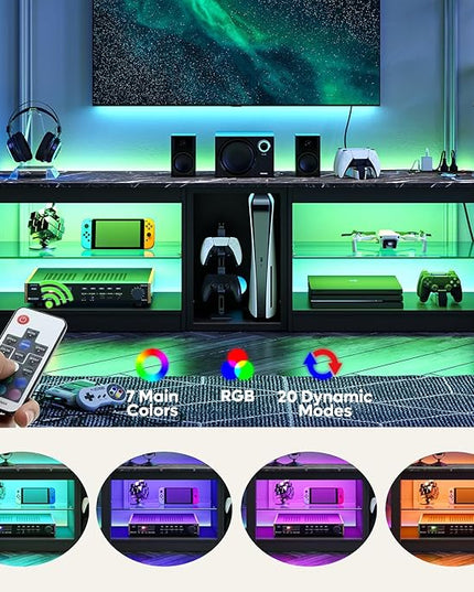 Bestier TV Stand for 70 inch TV with Power Outlets, LED Entertainment Center for PS5, Gaming TV Consoles with Glass Shelves for Living Room, 63'' Inch, Black Marble - LeafyLoom