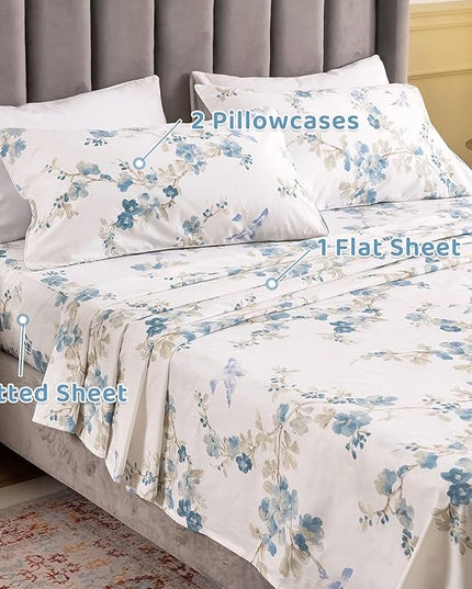 QSH Floral Queen Size Sheet Sets - Elegant Bird Tree Branch Blossom Printed Bedding 100% Egyptian Cotton Sheets Queen Size Deep Pockets 17.5" Extra Soft and Breathable 4pcs - LeafyLoom