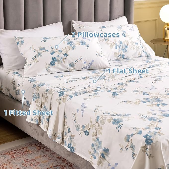QSH Floral Queen Size Sheet Sets - Elegant Bird Tree Branch Blossom Printed Bedding 100% Egyptian Cotton Sheets Queen Size Deep Pockets 17.5" Extra Soft and Breathable 4pcs - LeafyLoom
