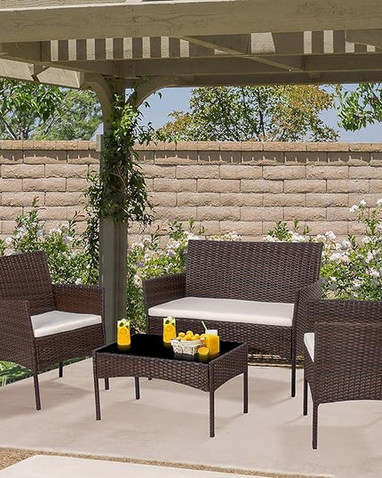 Shintenchi 4 Piece Outdoor Patio Furniture Sets, Small Wicker Patio Conversation Furniture Rattan Chair Set with Tempered Glass Coffee Table for Backyard Porch Garden Poolside Balcony - LeafyLoom