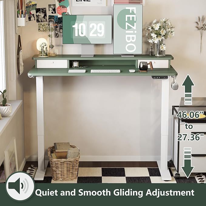 FEZIBO 60 x 24 Inch Height Adjustable Electric Standing Desk with Double Drawer, Stand Up Desk with Storage Shelf, Sit Stand Desk, Green - LeafyLoom