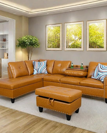 L Shaped Sofa with Ottoman Modern Sectional Living Room, Bedroom, Office, L Couch Ginger - LeafyLoom