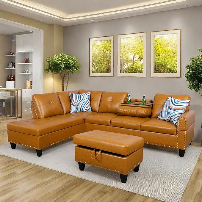 L Shaped Sofa with Ottoman Modern Sectional Living Room, Bedroom, Office, L Couch Ginger - LeafyLoom