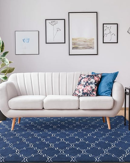 Chicrug Shag Geometric Modern Area Rug for Bedroom, 6x9 Feet Memory Foam Indoor Carpet, Fluffy Rug for Living Room Bedside Room Decor for Family Girls Kids Nursery Play Mat, Navy/White - LeafyLoom