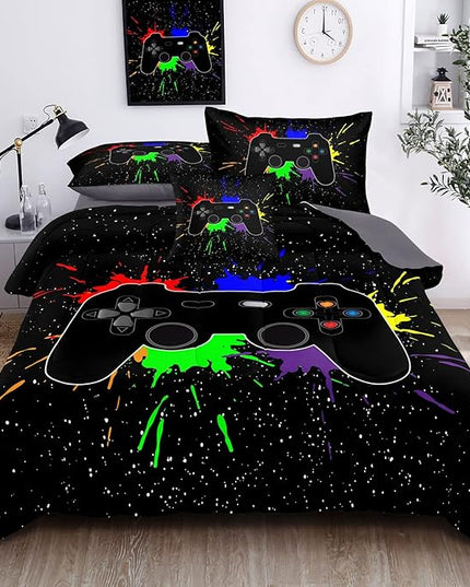 Kids Gaming Bedding Sets, 5 Piece Gamer Comforter Sets for Teens Boys Twin Size for Bedroom Comforter Set Adult 3D Gamepad Microfiber Bedding Sets Fits All Season - LeafyLoom