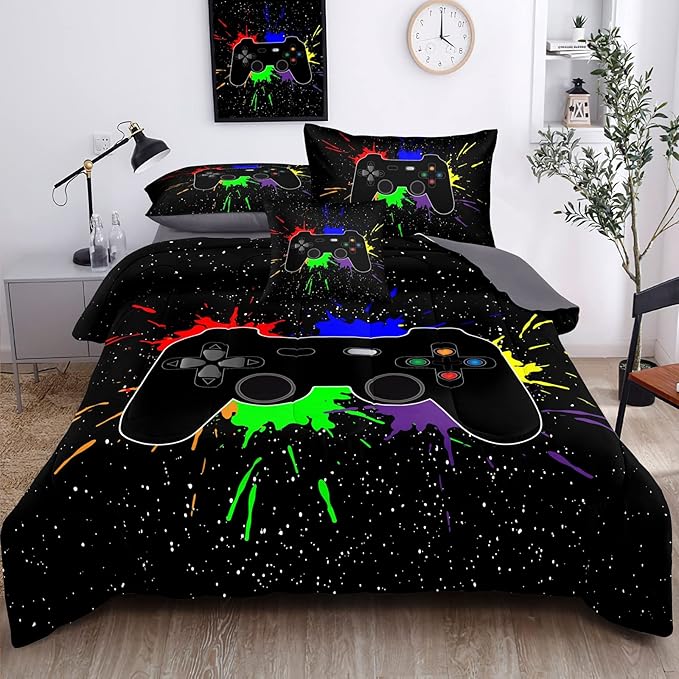 Kids Gaming Bedding Sets, 5 Piece Gamer Comforter Sets for Teens Boys Twin Size for Bedroom Comforter Set Adult 3D Gamepad Microfiber Bedding Sets Fits All Season - LeafyLoom