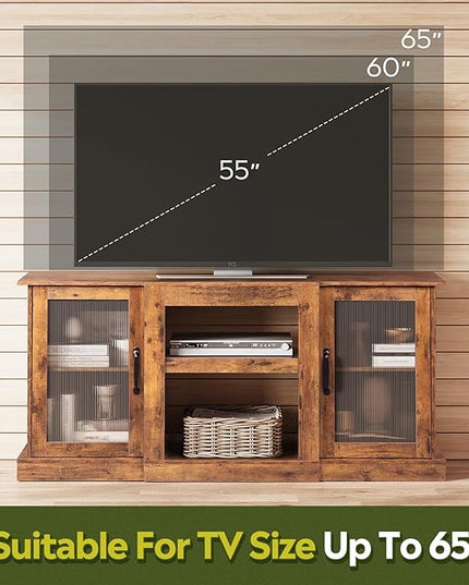 WLIVE TV Stand for 65 Inch TV, Retro Entertainment Center with Glass Cabinet Doors, 58" TV Stands for Living Room and Bedroom, Vintage Television Console, Rustic Brown - LeafyLoom