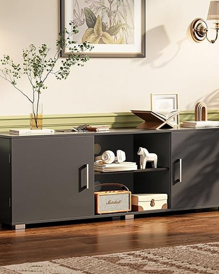 TV Stand for 55 Inch TV, Entertainment Center with Storage, 2 Cabinets, TV Console Media Cabinet with 6 Cable Holes, Black TV Stand for Living Room, Bedroom - LeafyLoom