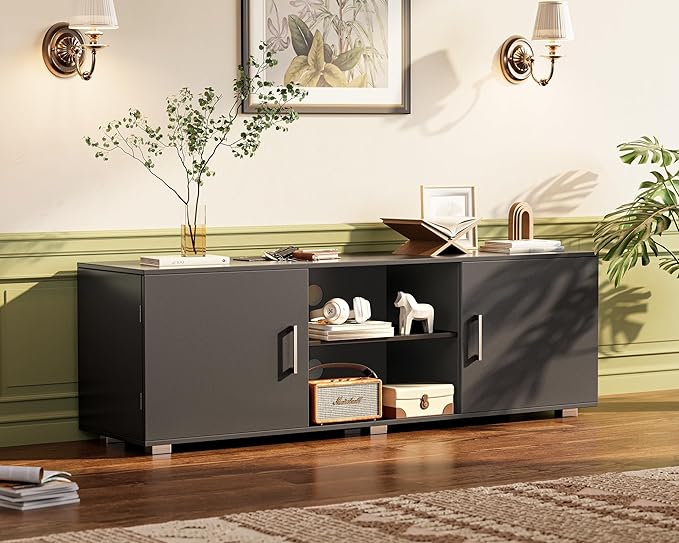 TV Stand for 55 Inch TV, Entertainment Center with Storage, 2 Cabinets, TV Console Media Cabinet with 6 Cable Holes, Black TV Stand for Living Room, Bedroom - LeafyLoom