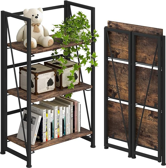 4NM No-Assembly Folding Bookshelf Storage Shelves 3 Tiers Vintage Bookcase Standing Racks Study Organizer Home Office (Rustic Brown and Black) - LeafyLoom