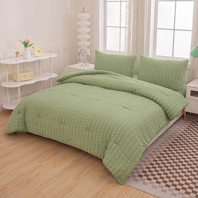 5 Pcs Sage Green Comforter Sets Queen Size for Girls Women Kids, Boho Light Green Bedding Set Queen Size,Soft Lightweight Microfiber Bed Set for All Season - LeafyLoom