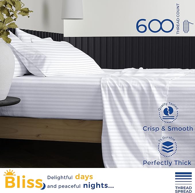 THREAD SPREAD Luxury Egyptian Cotton King Stripe Sheet Set, 600 Thread Count Extra Long Staple 4 PC Set, King White Damask Sheets, Soft, Cooling Sateen Weave Sheets Upto 18" Deep Pocket - LeafyLoom