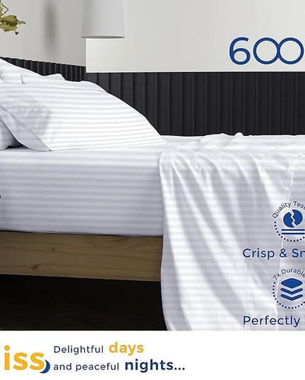 THREAD SPREAD Luxury Egyptian Cotton Twin Stripe Sheet Set - 600 Thread Count Extra Long Staple 3 PC Set, Twin White Damask Sheets, Soft, Cooling Sateen Weave Striped Sheets Upto 18" Deep Pocket - LeafyLoom