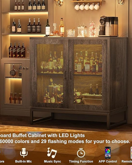 Aheaplus Sideboard Buffet Cabinet with Power Outlet, Accent Cabinet with Storage & LED Lights, Small Storage Cabinet Cupboard Console Cabinet for Kitchen, Hallway, Entryway, Living Room, Grey Oak - LeafyLoom