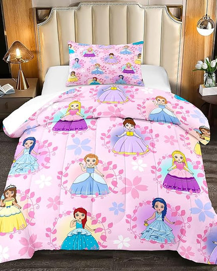 Princess Comforter Sets Twin for Girls, Cute Princess Bedding Comforter Sets, Pink Twin Size Comforter Set for Girls Kids Twin Bedding Set with 1 Pillowcase - LeafyLoom