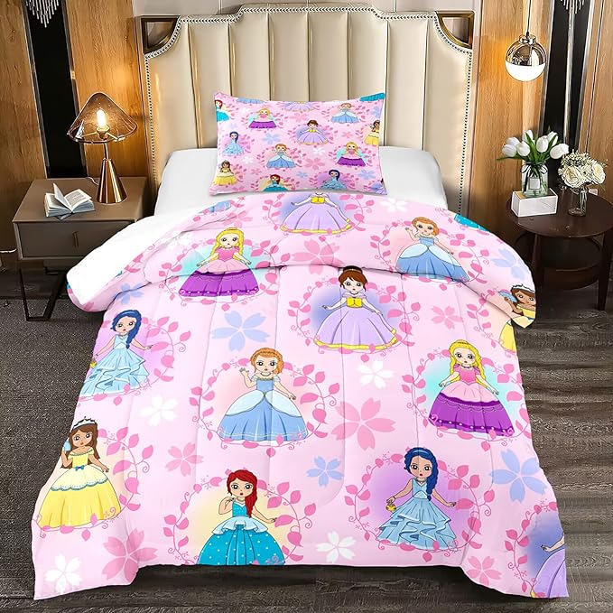 Princess Comforter Sets Twin for Girls, Cute Princess Bedding Comforter Sets, Pink Twin Size Comforter Set for Girls Kids Twin Bedding Set with 1 Pillowcase - LeafyLoom