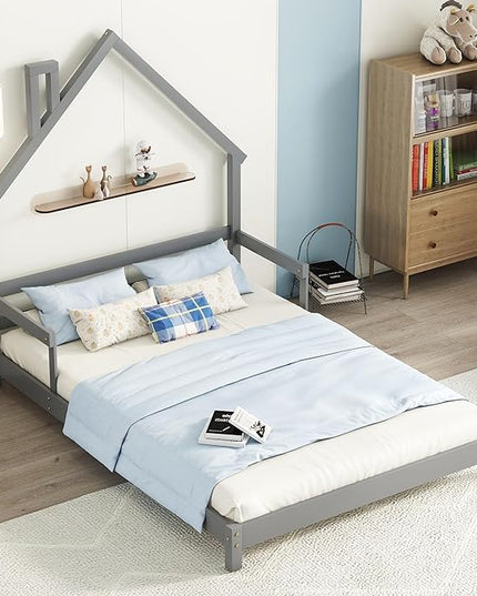 Bellemave Full Size Bed Frame for Kids,Low Platform Bed with House-Shaped Headboard and Handrails,Full Bed for Girls,No Box Spring Needed(Grey) - LeafyLoom