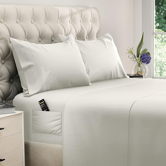 DREAMCARE Twin XL Sheet Sets - Cooling Bed Sheets - 4pcs Set - up to 15" Deep Pocket Twin XL Sheets - XL Twin Sheet Set – Soft & Long Lasting 100% Fine Brushed Polyester with Side Pocket - Ivory - LeafyLoom