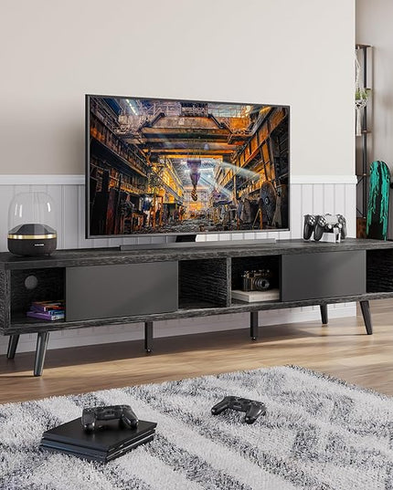 Bestier 70 inch Mid Century Modern Entertainment Center for 75 inch Display, Low Profile with Storage, for Living Room, Cord Management, Black Ash - LeafyLoom