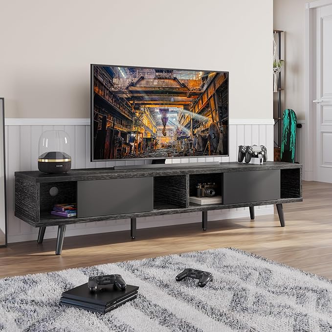 Bestier 70 inch Mid Century Modern Entertainment Center for 75 inch Display, Low Profile with Storage, for Living Room, Cord Management, Black Ash - LeafyLoom