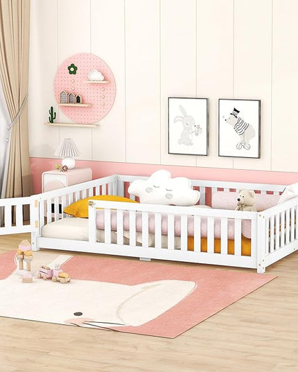 Multifunctional Full Size Floor Bed with Safety Guardrails and Door, Removable Wood Slats, Montessori Beds Frame for Toddlers, for Boys and Girls, White - LeafyLoom