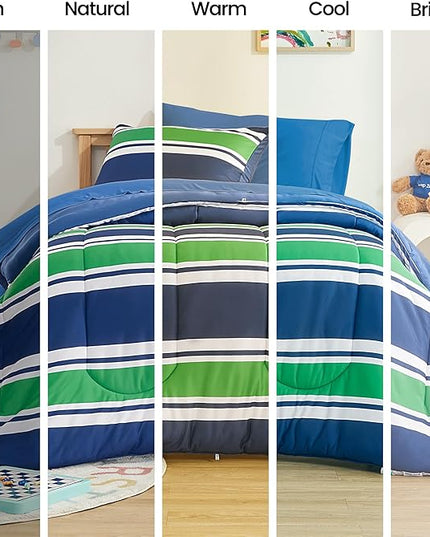 SLEEP ZONE Teens Boys Green Navy Stripe Kids Jersey Knit Comforter Set, Cute & Soft Bedding Set 2 Pieces with Comforter and Pillowcase, Washable, Easy Care (Rugby Stripe Navy/Green, Twin) - LeafyLoom