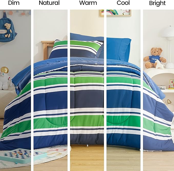 SLEEP ZONE Jersey Knit 3 Pieces Kids Comforter Set, Navy Gree Rugby Stripe Design for Boys and Teens. Durable, Breathable and Easy Care, All Season Use (Rugby Stripe Navy/Green, Full/Queen) - LeafyLoom