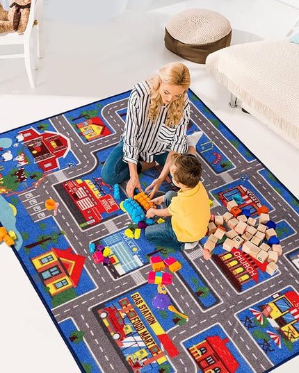 Kids Carpet Playmat Rug 59"x39.4", Car Rug for Kids Cars, Non-Slip Town City Road Map Kids Rug for Playroom Bedroom Boys, Kids Car Mat Road Rug, Track Rug Car Play Rug for Kids (59X39.4 INCH-Blue) - LeafyLoom