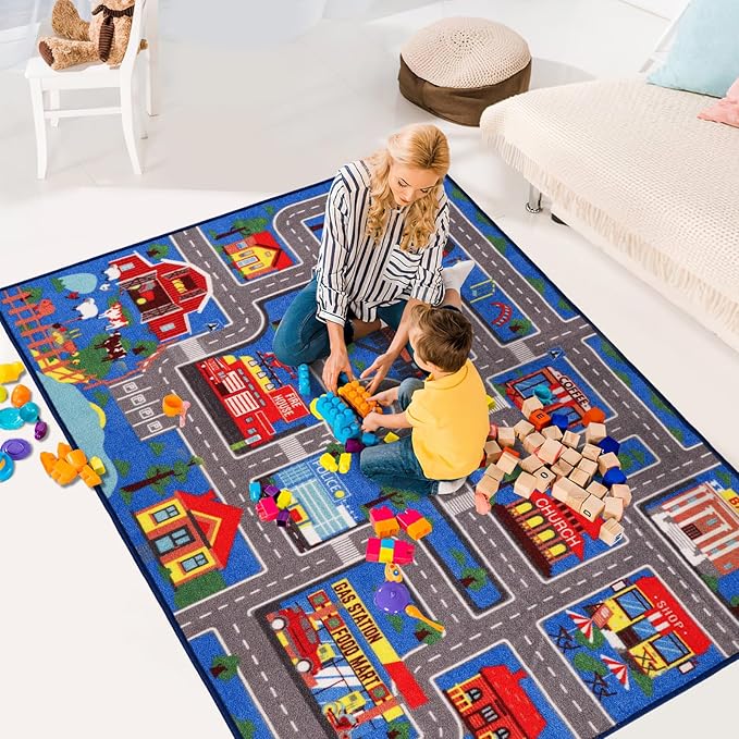 Kids Carpet Playmat Rug 59"x39.4", Car Rug for Kids Cars, Non-Slip Town City Road Map Kids Rug for Playroom Bedroom Boys, Kids Car Mat Road Rug, Track Rug Car Play Rug for Kids (59X39.4 INCH-Blue) - LeafyLoom