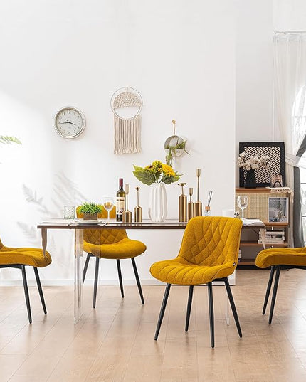YOUNUOKE Comfortable Dining Chairs Set of 2, Mid-Century Modern Kitchen Dining Room Chairs, Upholstered Backrest Boucle Dining Chair with Black Metal, Yellow - LeafyLoom