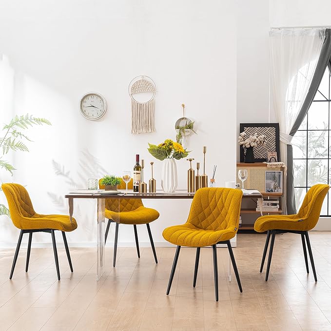 YOUNUOKE Comfortable Dining Chairs Set of 2, Mid-Century Modern Kitchen Dining Room Chairs, Upholstered Backrest Boucle Dining Chair with Black Metal, Yellow - LeafyLoom
