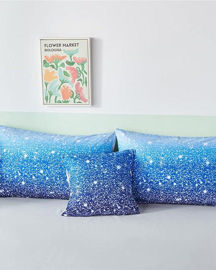 RYNGHIPY 6Pcs Gradient Aqua Blue Navy Ombre Comforter Sets with Sheets Pillowcases, Twin Size Sparkle Glitter Design Comforter Bedding Collections for Kids Boys and Girls - LeafyLoom