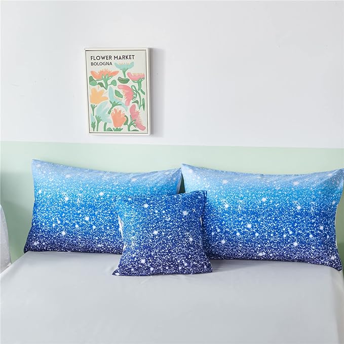 RYNGHIPY 6Pcs Gradient Aqua Blue Navy Ombre Comforter Sets with Sheets Pillowcases, Twin Size Sparkle Glitter Design Comforter Bedding Collections for Kids Boys and Girls - LeafyLoom