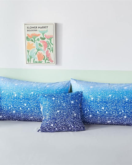 RYNGHIPY 6Pcs Gradient Aqua Blue Navy Ombre Comforter Sets with Sheets Pillowcases, Full Size Sparkle Glitter Design Comforter Bedding Collections for Kids Boys and Girls - LeafyLoom