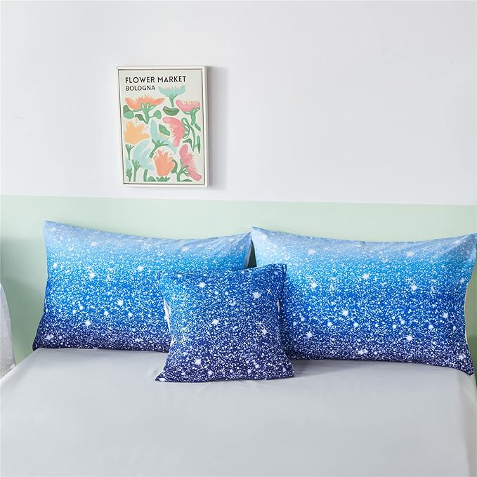 RYNGHIPY 6Pcs Gradient Aqua Blue Navy Ombre Comforter Sets with Sheets Pillowcases, Full Size Sparkle Glitter Design Comforter Bedding Collections for Kids Boys and Girls - LeafyLoom