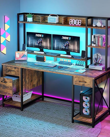 DWVO Computer Desk with Drawers & Hutch, 59.1" Office Desk with Power Outlets & LED Lights, Home Office Desk with Storage Shelves, Rustic Brown - LeafyLoom