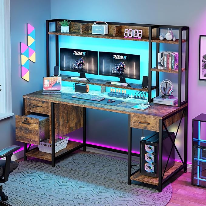 DWVO Computer Desk with Drawers & Hutch, 59.1" Office Desk with Power Outlets & LED Lights, Home Office Desk with Storage Shelves, Rustic Brown - LeafyLoom