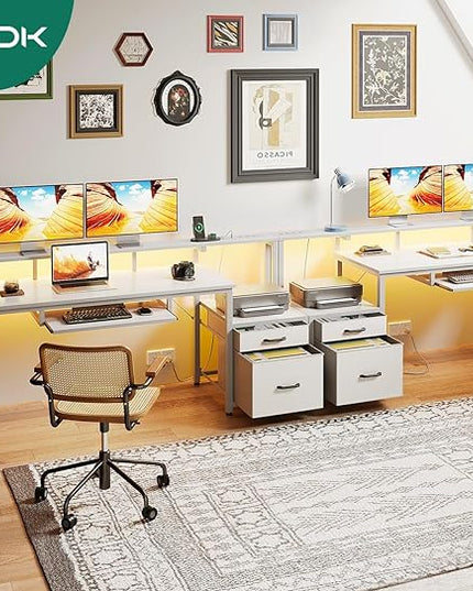 AODK 63 Inch Computer Desk with Power Outlet and LED Light, Reversible Office Desk with File Cabinet and Drawer, Gaming Desk with Keyboard Tray, Study Table with Full Monitor Riser and PC Stand, White - LeafyLoom