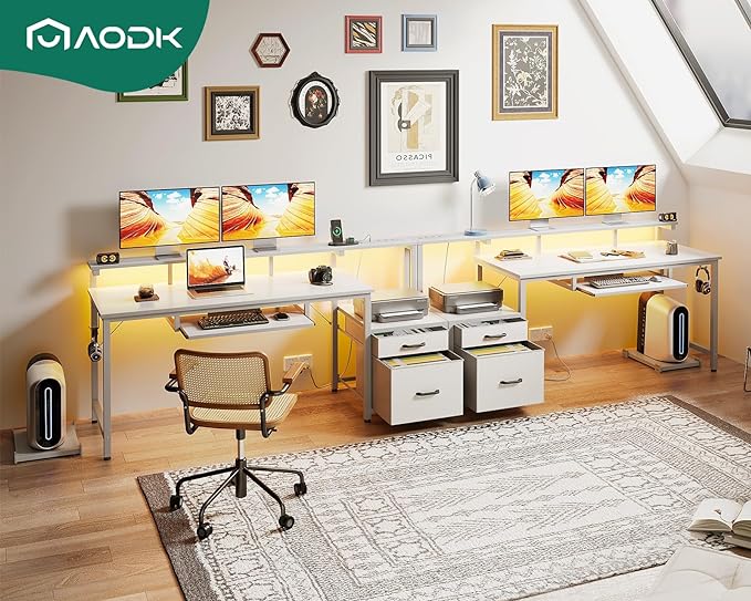 AODK 63 Inch Computer Desk with Power Outlet and LED Light, Reversible Office Desk with File Cabinet and Drawer, Gaming Desk with Keyboard Tray, Study Table with Full Monitor Riser and PC Stand, White - LeafyLoom