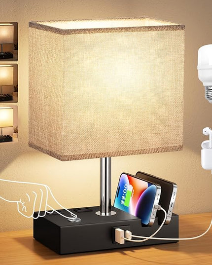 Kakanuo Nightstand Lamp for Bedroom with Dual USB Ports, Grey Touch Control Bedside Table Lamp with Charging Outlets and Phone Stands, 3-Way Dimmable Desk Lamp for Living Room, LED Bulb Included - LeafyLoom