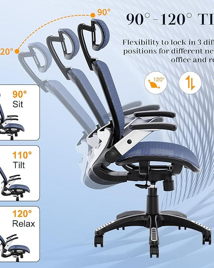 GABRYLLY Ergonomic Office Chair, High Back Mesh Desk Chair with Adjustable Headrest, Flip-Up Arms, 90-120° Tilt Lock, Lumbar Support and Comfy Seat, Swivel Computer Task Chair, Blue - LeafyLoom
