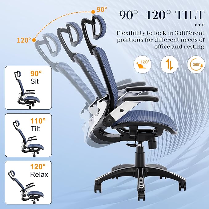 GABRYLLY Ergonomic Office Chair, High Back Mesh Desk Chair with Adjustable Headrest, Flip-Up Arms, 90-120° Tilt Lock, Lumbar Support and Comfy Seat, Swivel Computer Task Chair, Blue - LeafyLoom