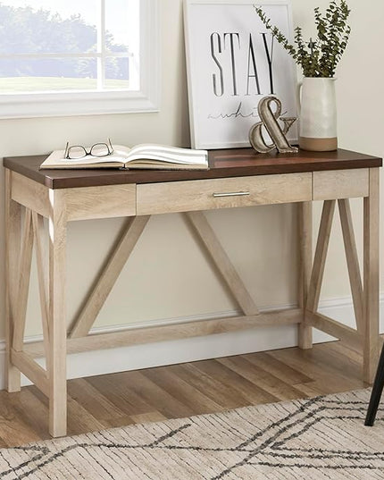 Walker Edison Rustic Farmhouse Wood Computer Writing Desk Home Office Workstation Small, 46 Inch, White Oak and Brown - LeafyLoom