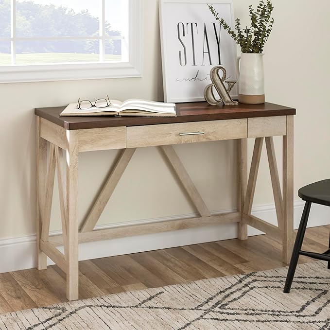 Walker Edison Rustic Farmhouse Wood Computer Writing Desk Home Office Workstation Small, 46 Inch, White Oak and Brown - LeafyLoom