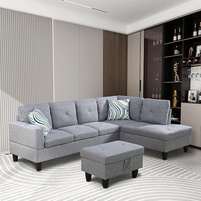 L-Shaped Sectional Couches with 66.5'' Chaise Lounge & Storage Ottoman Modular Room Sofas for Home Office Apartment, Large Living Furniture, 97'' Right Hand Facing, Grey Linen - LeafyLoom