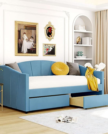 Twin Size Upholstered Daybed with 2 Storage Drawers, Elegant Sofa Bed Day Bed Frame with Wood Slat Support for Bedroom, Living Room Guestroom, No Box Spring Needed, Blue - LeafyLoom