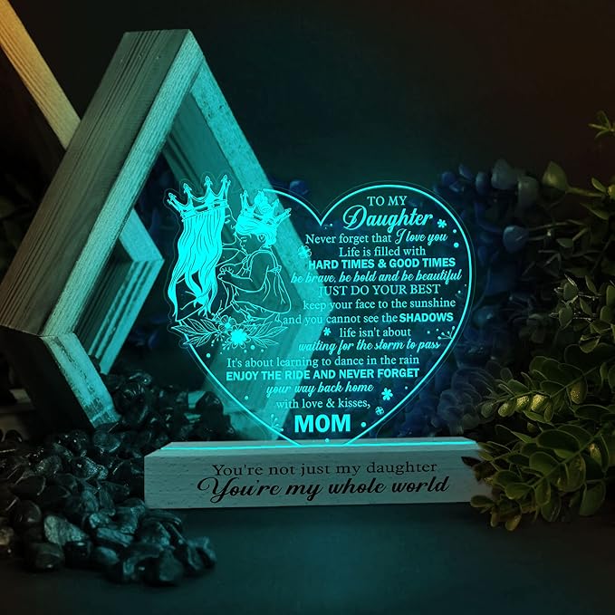 Daughter Gift from Mom, to My Daughter 3D Illusion Lamp with Wooden Base USB Powered, Birthday Gifts for Daughter from Mothers, Daughter Night Light Gifts for Wedding Graduation Christmas - LeafyLoom