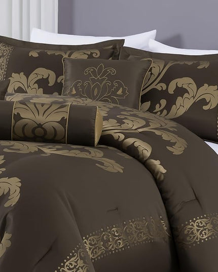 Chezmoi Collection 7-Piece Jacquard Floral Comforter Set (California King, Coffee/Gold) - LeafyLoom