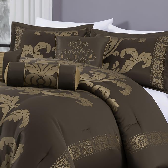 Chezmoi Collection Royale 7-Piece Jacquard Floral Comforter Set, Oversized King, Coffee/Gold - LeafyLoom